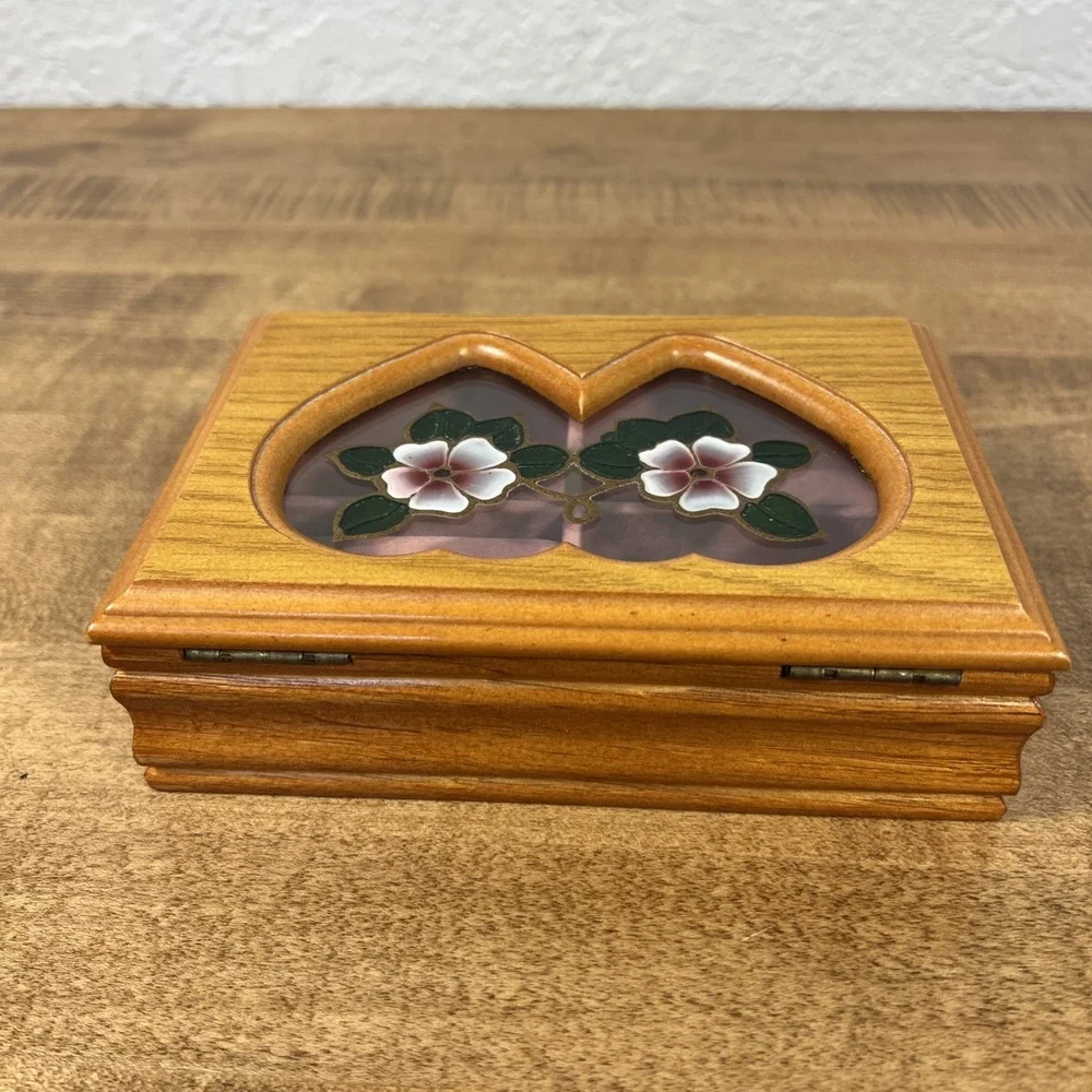 Vintage Wood Wooden Trinket Jewelry Box W/ Flower Blossom Design